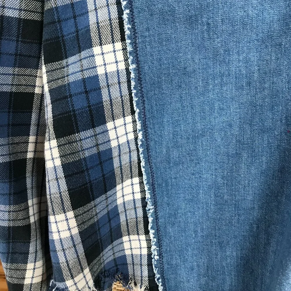 Upcycled Denim Plaid Flannel Jean Jacket, Boho Patchwork Shirt Plus Size XL - 2X - Picture 5 of 9